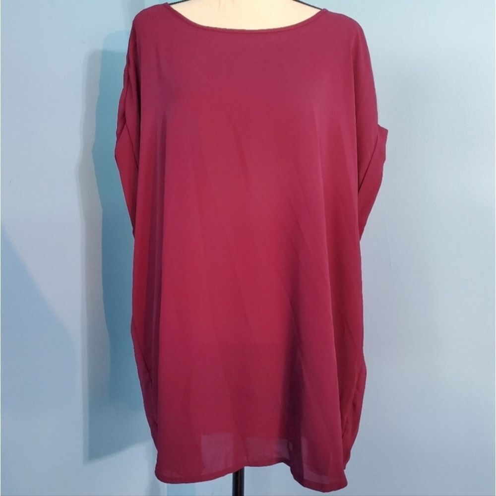 Zenana Outfitters Dark Fuchsia Short Sleeve Sheer Blouse